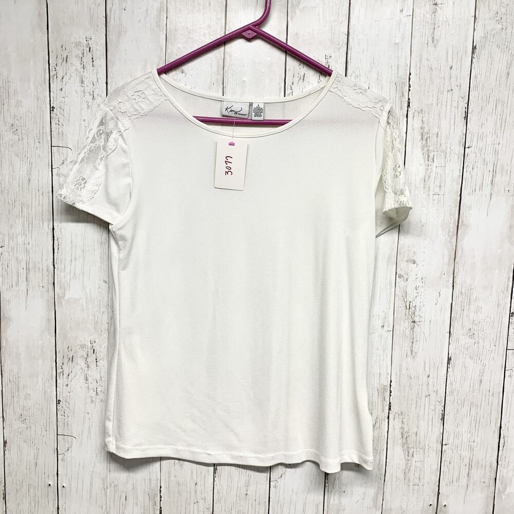 Kim Rogers Top‎ Women Small White Short Sleeve Blouse Lace Sleeve Detail Blouse